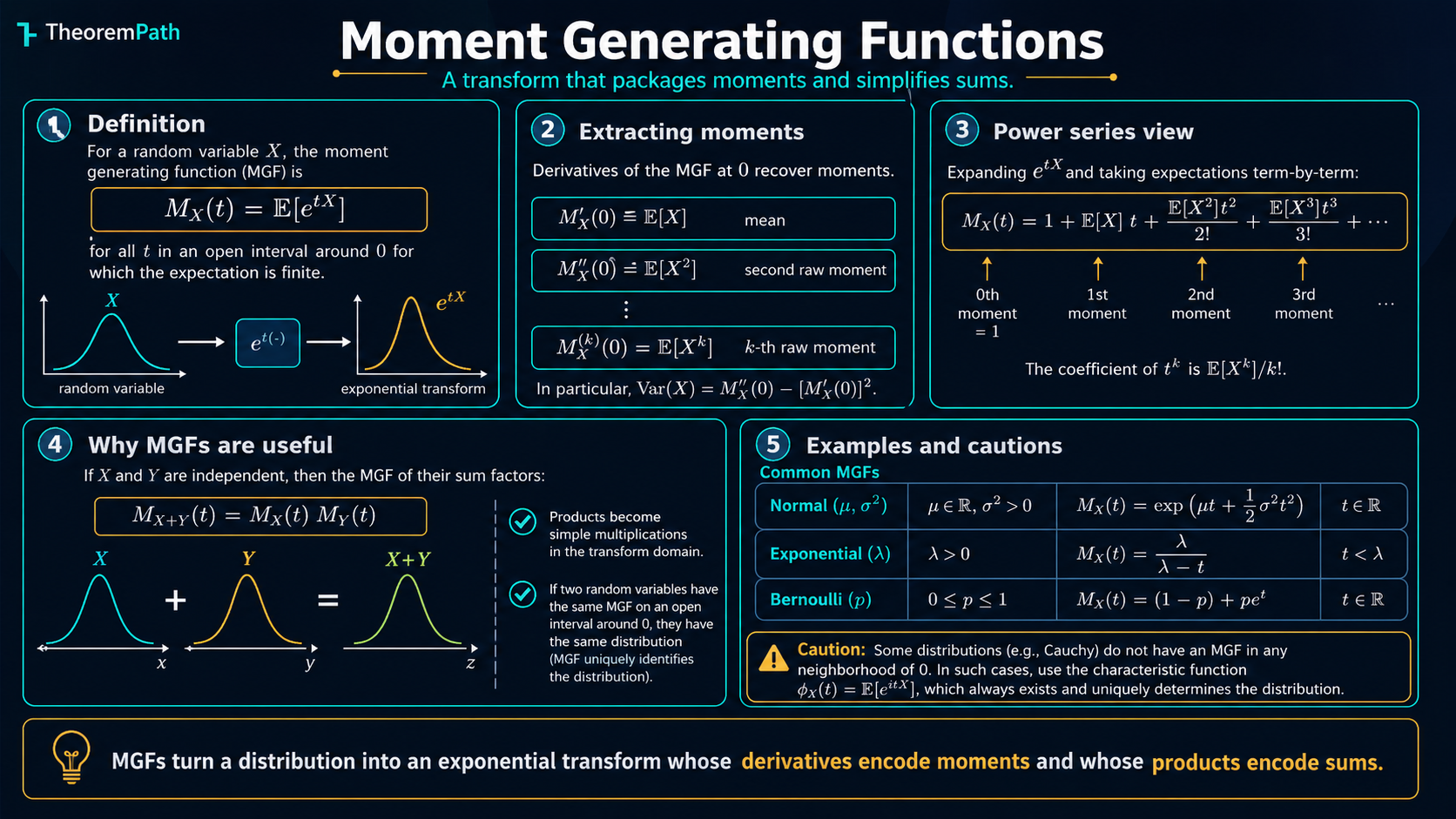 Five-panel infographic: definition of the MGF M_X(t) = E[e^{tX}], why it generates all moments via differentiation at zero, examples for Gaussian, exponential, Poisson distributions, the uniqueness theorem connecting MGF to distribution, and why Chernoff bounds use the MGF (exponential Markov yields exponential tail decay).