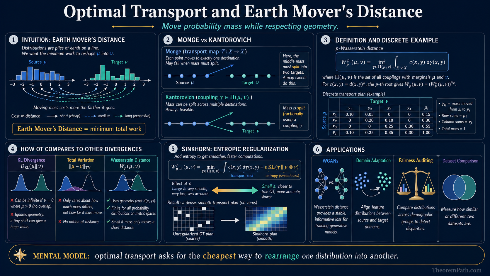 Infographic on optimal transport and earth-mover's distance: the discrete formulation as a coupling minimization, the Kantorovich relaxation, the Wasserstein-p distance, the Sinkhorn-Knopp regularized solver, and ML applications (generative model evaluation, distribution alignment, domain adaptation, the Wasserstein GAN).